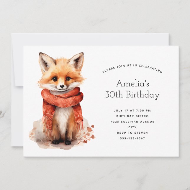 Cute Fox Pup in a Red Scarf Birthday Einladung (Vorderseite)