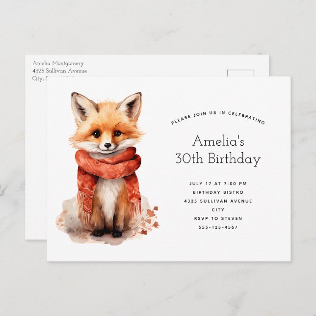 Cute Fox Pup in a Red Scarf Birthday Einladungspostkarte (Vorne/Hinten)