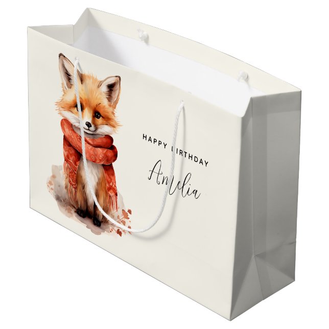 Cute Fox Pup in a Red Scarf Birthday Große Geschenktüte (Rückseite Schrägansicht)