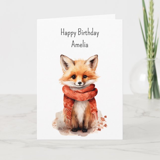 Cute Fox Pup in a Red Scarf Birthday Karte (Vorderseite)
