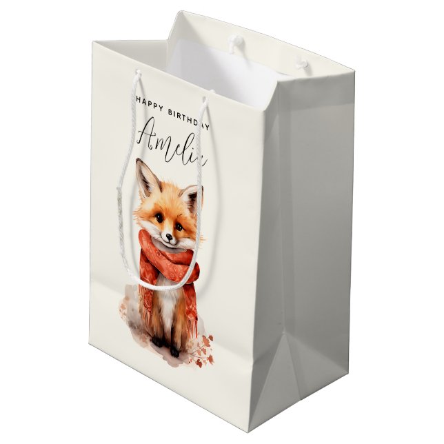 Cute Fox Pup in a Red Scarf Birthday Mittlere Geschenktüte (Rückseite Schrägansicht)