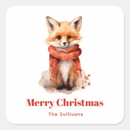 Cute Fox Pup in a Red Scarf Christmas Quadratischer Aufkleber