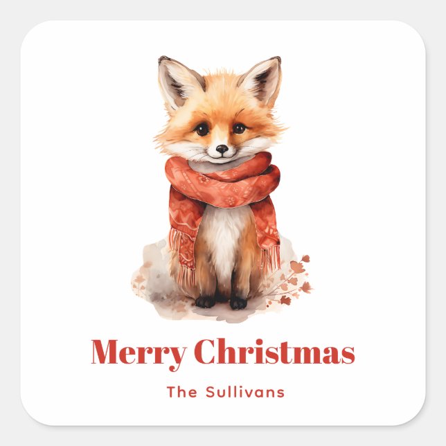 Cute Fox Pup in a Red Scarf Christmas Quadratischer Aufkleber (Vorderseite)