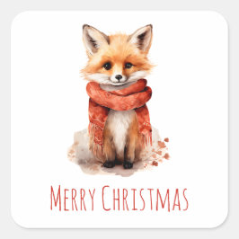 Cute Fox Pup in a Red Scarf Christmas Quadratischer Aufkleber