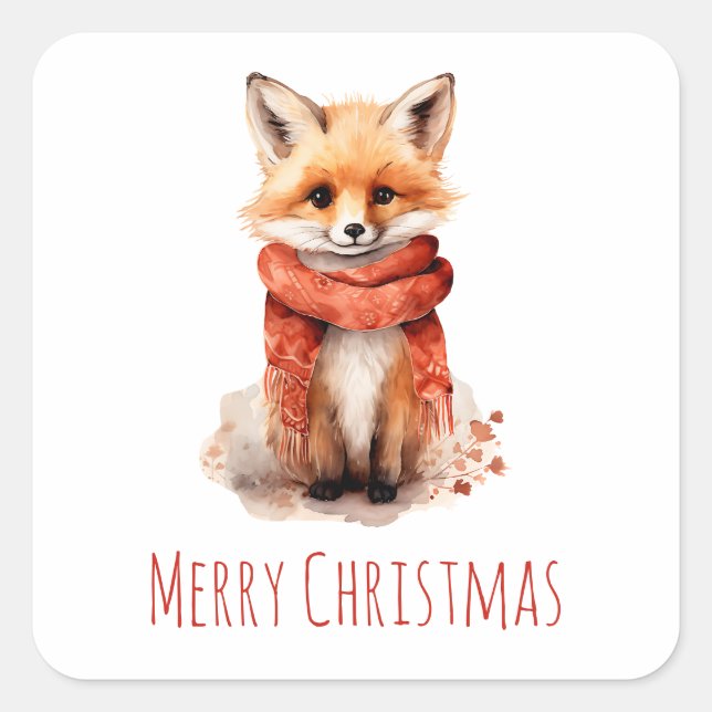 Cute Fox Pup in a Red Scarf Christmas Quadratischer Aufkleber (Vorderseite)