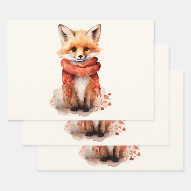 Cute Fox Pup in a Red Scarf Geschenkpapier Set (Set)