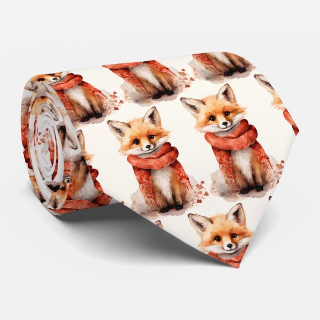 Cute Fox Pup in a Red Scarf Pattern Krawatte (Gerollt)