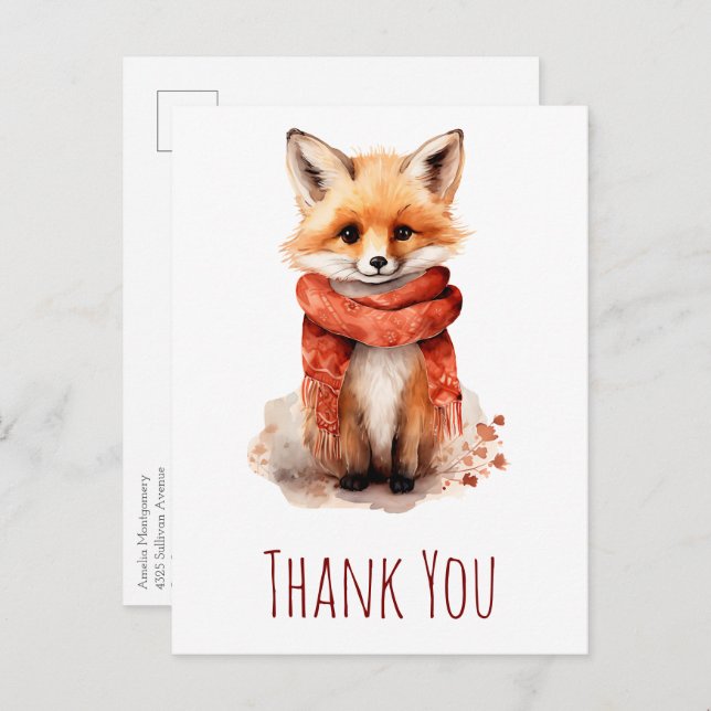 Cute Fox Pup in a Red Scarf Thank You Postkarte (Vorne/Hinten)