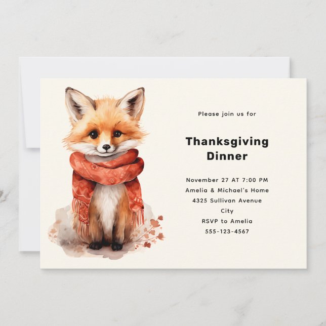 Cute Fox Pup in a Red Scarf Thanksgiving Dinner Einladung (Vorderseite)