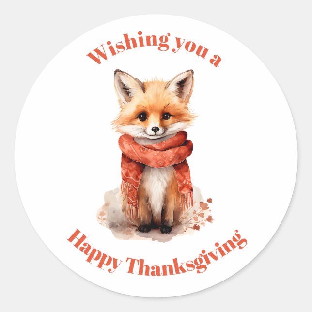 Cute Fox Pup in a Red Scarf Thanksgiving Runder Aufkleber (Vorderseite)