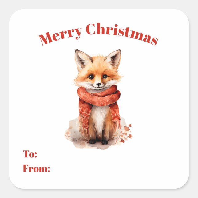 Cute Fox Pup in a Red Scarf To and From Gift Quadratischer Aufkleber (Vorderseite)