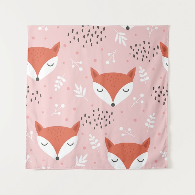 Cute fox seamless pattern, wolf hand drawn forest  wandteppich (Vorderseite)