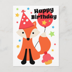 Cute fox with balloon cupcake star happy birthday postkarte