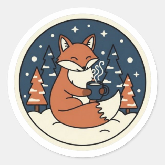 Cute Fox with Cocoa & Starry Winter Sky Runder Aufkleber (Vorderseite)