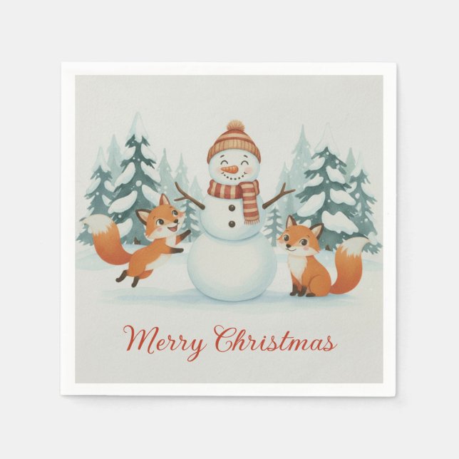Cute Foxes and Snowman Merry Christmas Serviette (Vorderseite)