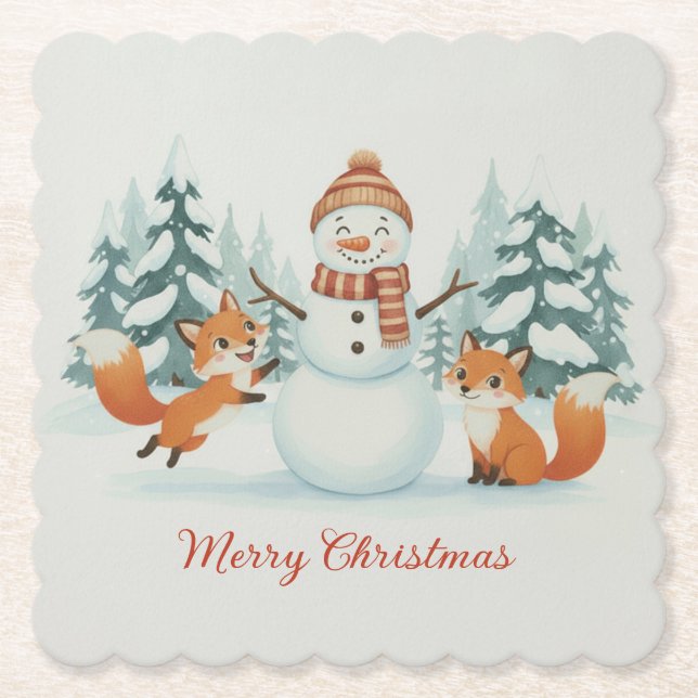 Cute Foxes and Snowman Merry Christmas Untersetzer (Vorderseite)