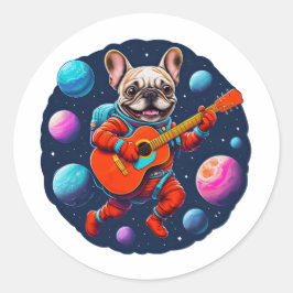 Cute French Bulldog Astronaut Playing Guitar – Fun Runder Aufkleber