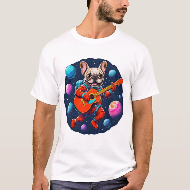 Cute French Bulldog Astronaut Playing Guitar – Fun T-Shirt (Vorderseite)