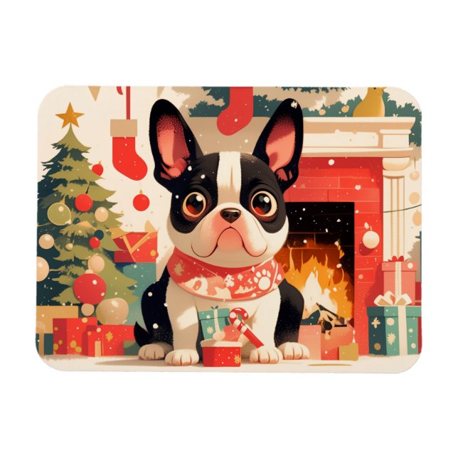 Cute French Bulldog by the Christmas Fireplace Magnet (Horizontal)