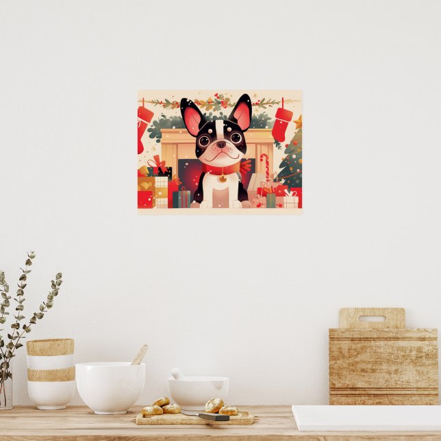 Cute French Bulldog by the Christmas Fireplace Poster (Küche)
