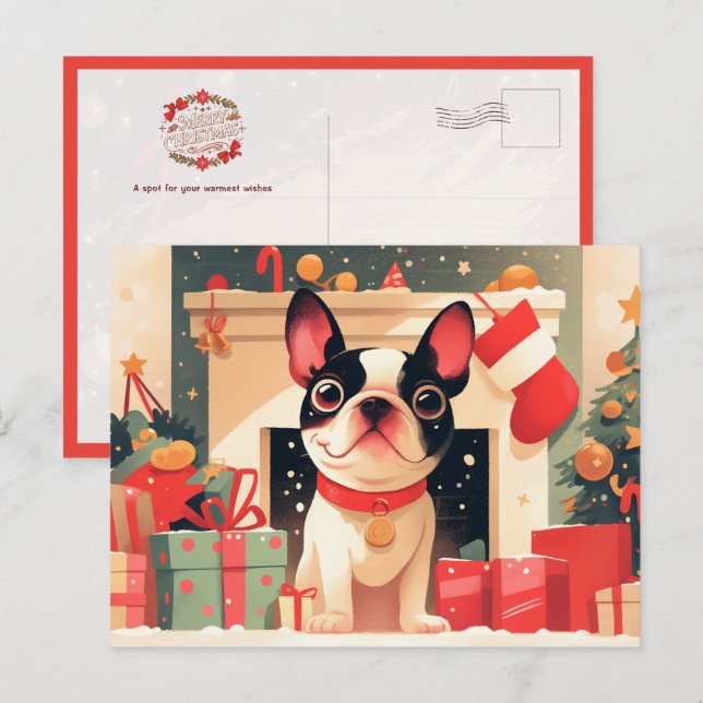 Cute French Bulldog by the Christmas Fireplace Postkarte (Vorne/Hinten)