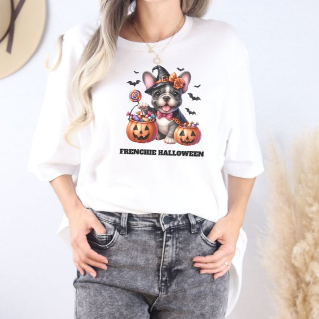 Cute French Bulldog Halloween Candy Witch T-Shirt (Von Creator hochgeladen)