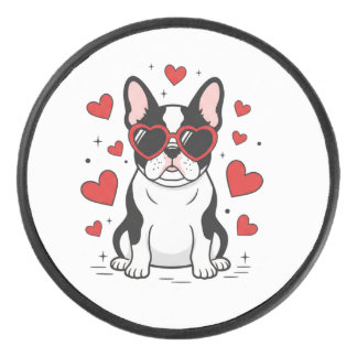 Cute Frenchie in Love Heart Sunglasses Illustratio Eishockey Puck