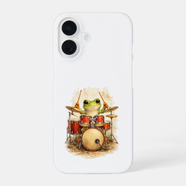 Cute Frog Drummer iPhone 16 Case – Music Fun Hülle (Rückseite)