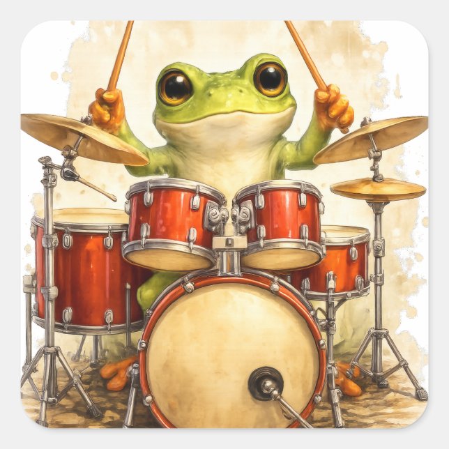 Cute Frog Drummer Sticker – Funny Music Art (Vorderseite)