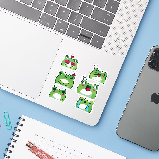 Cute Frog Emoji Reaction Faces Vinyl Sticker Set (Laptop mit iPhone)