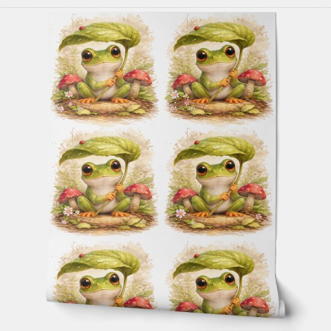 Cute Frog Leaf Umbrella Pattern Wallpaper Tapete (Abrollen)