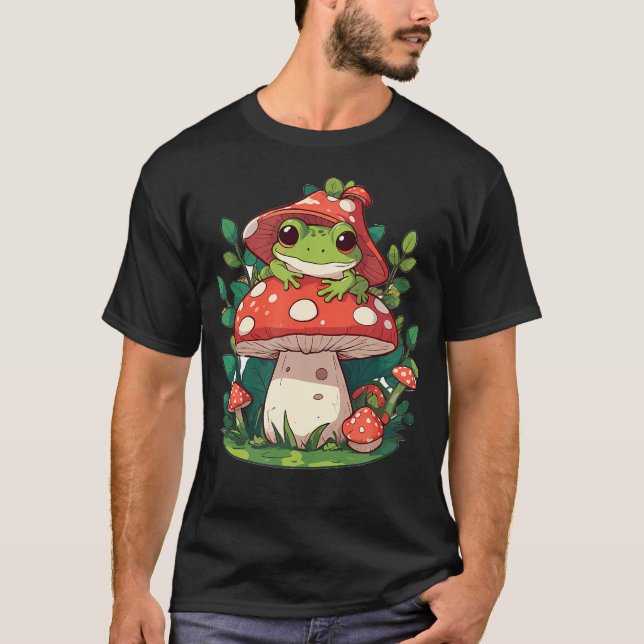 Cute Frog On Mushroom Cartoon Aesthetic T-Shirt (Vorderseite)