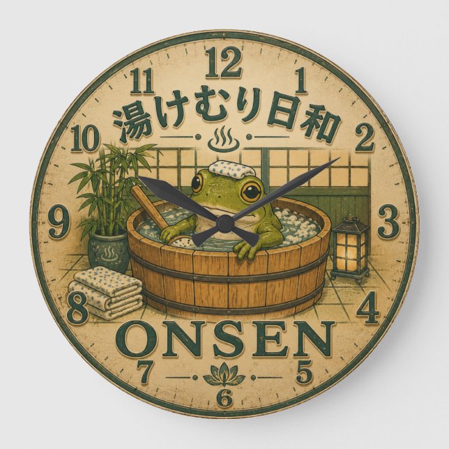 Cute Frog Onsen Große Wanduhr (Vorderseite)