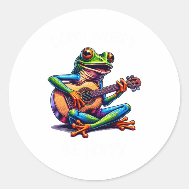Cute Frog Playing A Guitar Dont Worry Be Hoppy _1  Runder Aufkleber (Vorderseite)