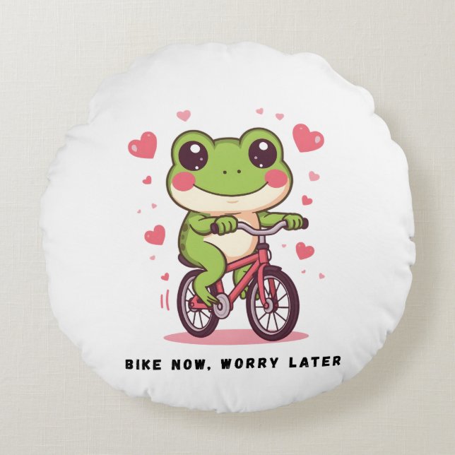 Cute Frog Riding Bicycle | Funny Frog Lover Gift Rundes Kissen (Vorderseite)