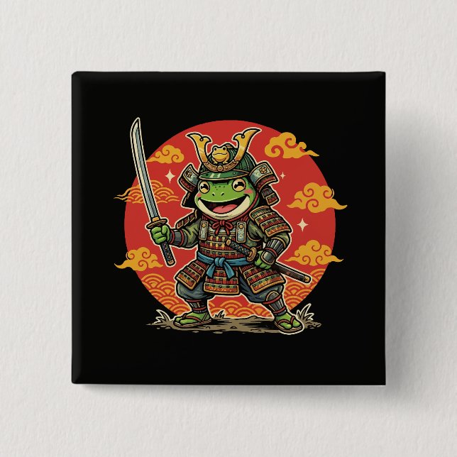 Cute Frog Samurai Cartoon Animal Warrior Design Button (Vorderseite)