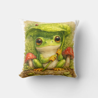 Cute Frog Under Leaf Umbrella Kawaii Woodland Rain Kissen