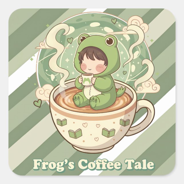 Cute Froggy Coffee Tale Design Quadratischer Aufkleber (Vorderseite)