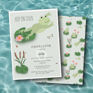 Cute Frogs in Lily Pond Hop On Over Kids Birthday Einladung