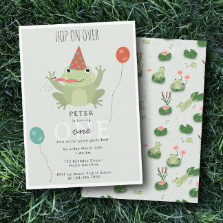 Cute Frogs in Lily Pond Hop On Over Kids Birthday Einladung