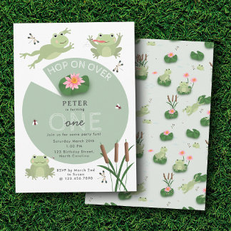 Cute Frogs in Lily Pond Hop On Over Kids Birthday Einladung