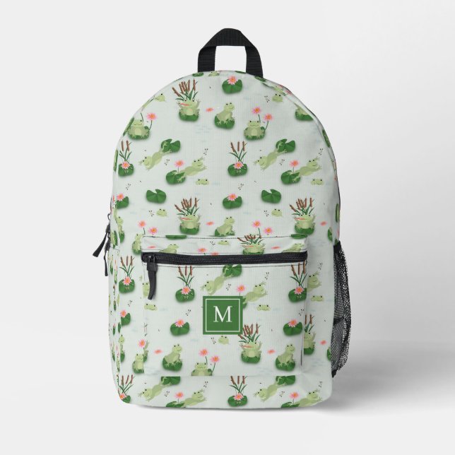 Cute Frogs in Lily Pond Monogrammed Initial Bedruckter Rucksack (Vorderseite)