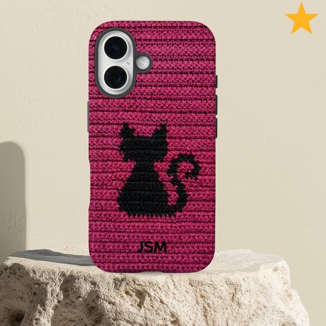 Cute Fuchsia Crochet Cat Custom Initial Monogram   Case-Mate iPhone Hülle (Von Creator hochgeladen)