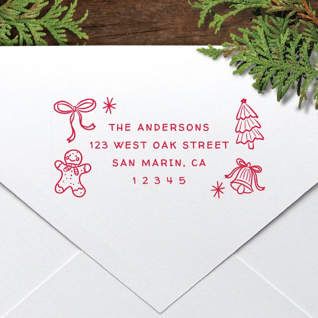 Cute Fun Christmas Doodles Holiday Return Address  Permastempel (Von Creator hochgeladen)