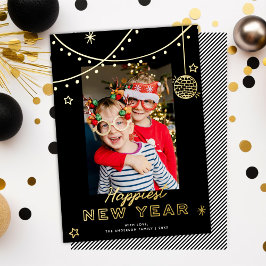 Cute Fun Doodles Happy New Year Photo Black + Gold Folien Feiertagskarte
