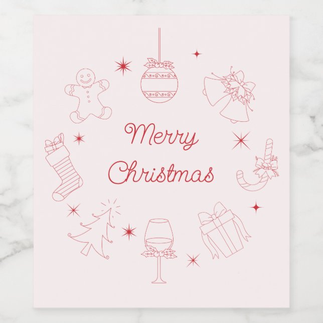 Cute Fun Pink Red Hand Drawn Christmas Weinetikett (Einzelnes Label)