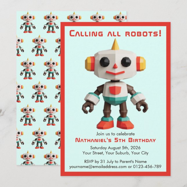 Cute Fun Robot Kid's Birthday Einladung (Vorne/Hinten)