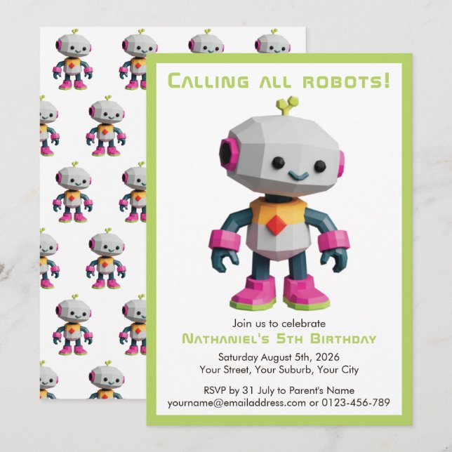 Cute Fun Robot Kid's Birthday Einladung (Vorne/Hinten)