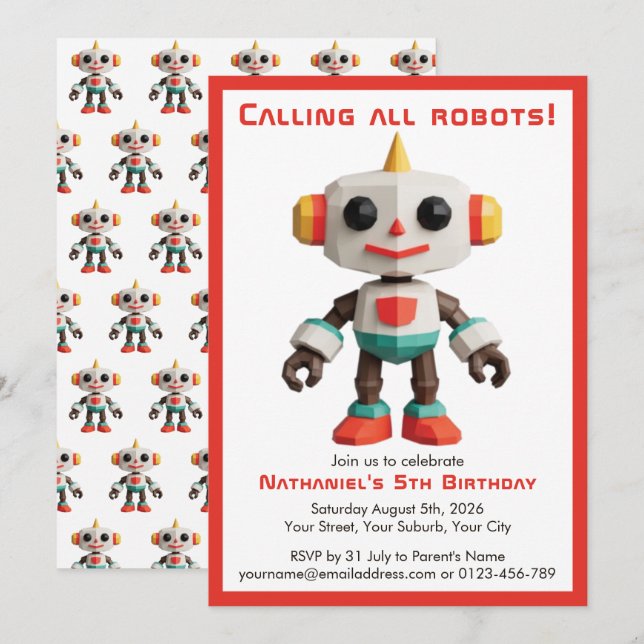 Cute Fun Robot Kid's Birthday Einladung (Vorne/Hinten)