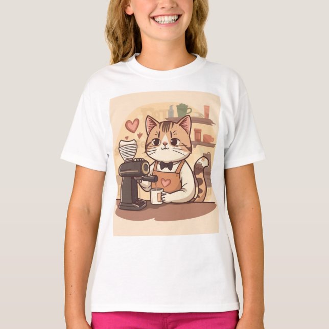 Cute Funny Cartoon Barista Cat Kid's T-shirt (Vorderseite)